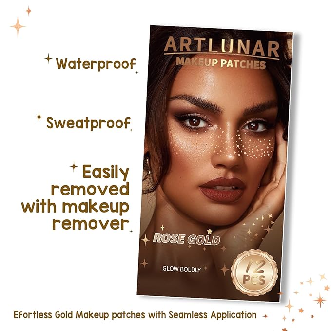 Artlunar 12Pcs Valentine's Mardi Gras Rose Gold Sparkle Makeup Patches - Body Glitter Stickers for Face and Body, Perfect for Festivals Parties (Rose Gold), Gifts for Women and Girls.
