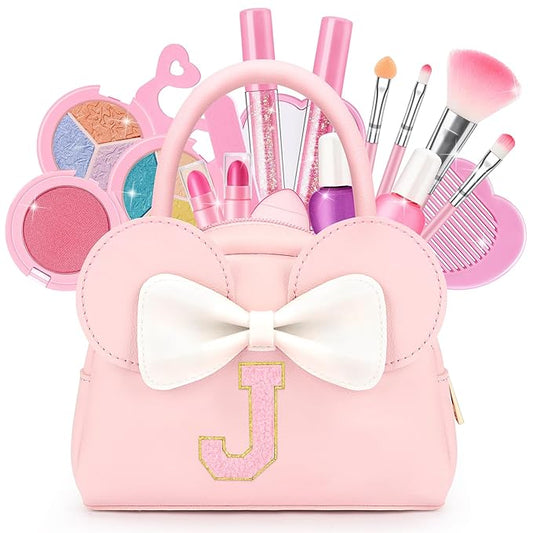 Kids Real Makeup Kit for Girls - 18Pcs Non-Toxic Washable Make Up Toys with Initial Toddler Purse - Personalized Birthday Gifts for Age 3 4 5 6 7 8 9 10 Years Old Girls Vanity Set - J