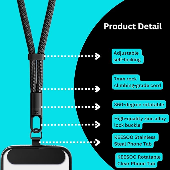 Minimalist Wrist Strap Phone Lanyard with Adjustable Drop-Proof Design, 7mm Reinforced Climbing Rope Material, 2 Phone Tether Tabs (Matching Metal and Rotatable Clear) - Classic Black