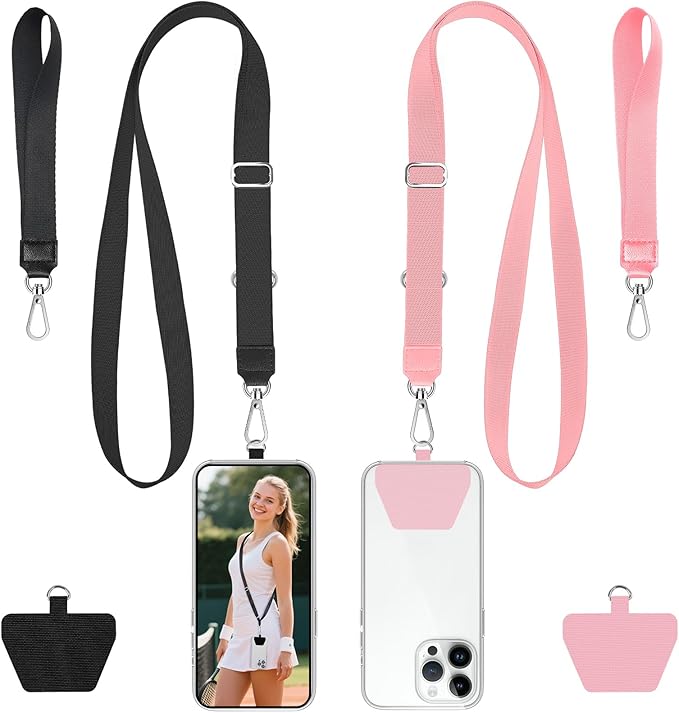takyu Phone Lanyard, 2 Pack Adjustable Anti-Drop Neck/Wrist Strap with 2 Pcs Tether Patches, Secure Hands-Free Compatible for iPhone Samsung Perfect for Nurses, Teachers, Travel, Hiking Black+Pink