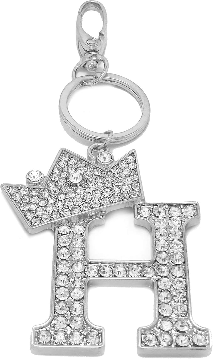 CBC Crown Crystal Rhinestone Letter Initial Keychain, Gold Metal, Bag Charm with Key Ring Approx. 2.17" x 2.56"