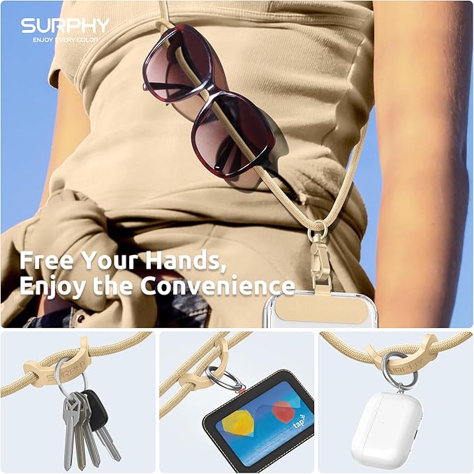 SURPHY Phone Lanyard, Adjustable Phone Strap Crossbody with 2 Pack Cell Phone Tether Tab, Premium Metal Buckles, Skin-Friendly, Universal Cell Phone Lanyard Crossbody for Women and Men, Khaki