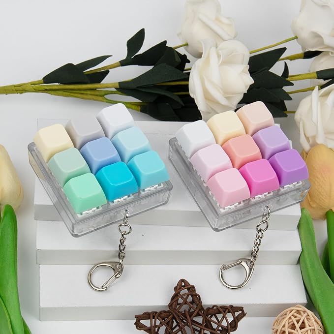2 Pack 9 in 1 Keyboard Fidget Toy, Keyboard Fidget Keychain Anti-stressKeyboard Decompression Button Finger Clicker Toys Stress Relief Fidget Gifts (Mix Blue Pink)