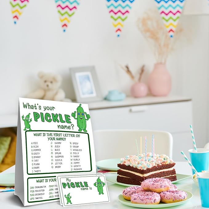 Pickle Party Decorations, Pickles Theme Birthday Party Sign for Boys Girls, Kids Activity Cards, What's Your Pickle Name Game, Activity Supplies