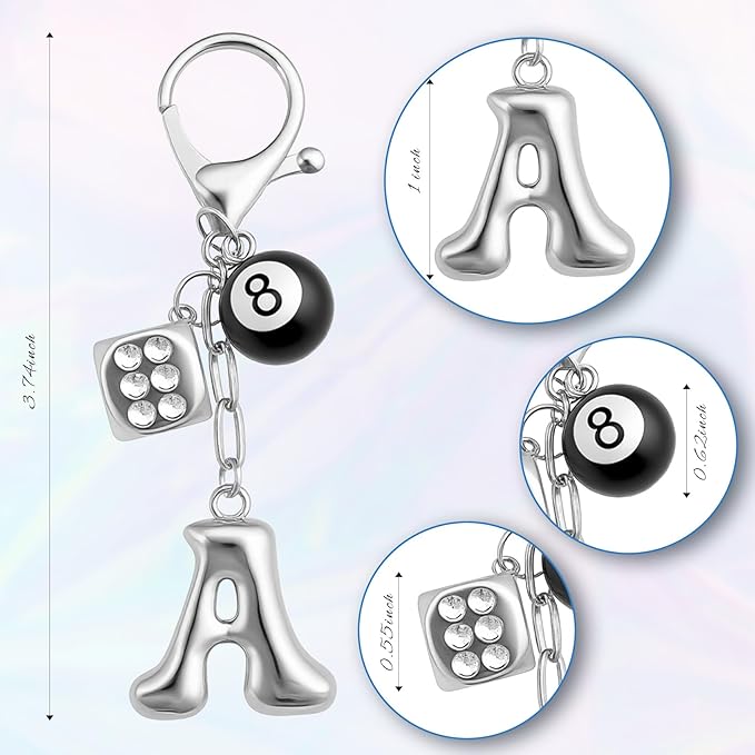 8 Ball Dice Keychain with Silver Bubble Initial - Y2K Aesthetic Cute Bag Purse Charms for Women