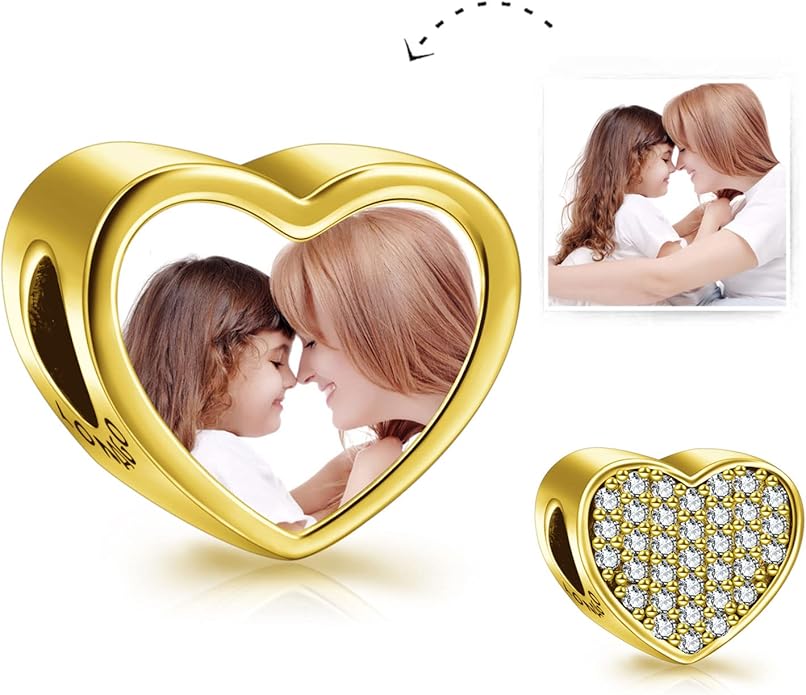 LONAGO 925 Sterling Silver Personalized Photo Charm Fit Compatible for Bracelet Necklace Customized Heart Round Shape Picture Bead