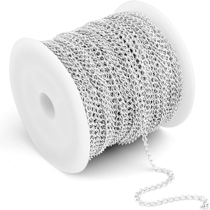 33 Feet Silver Curb Chains Bulk, 2.5mm Silver Plated 304 Stainless Steel Twisted Link Chains Roll Spool for Jewelry Making Extender