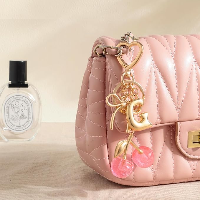 Snycler Bubble Initial Keychain with Cherry & Bow - Gold Letter Bag Charms for Women, Cute Purse Handbag Accessories