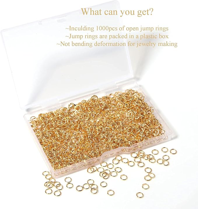 1000 Pcs 5mm Open Jump Rings Gold Plated Jump Rings for Jewelry Making Single Ring Bulk for DIY Craft Earring Necklace Bracelet Pendant Choker Jewelry Making Findings and Key Ring Chain (Gold, 5mm)