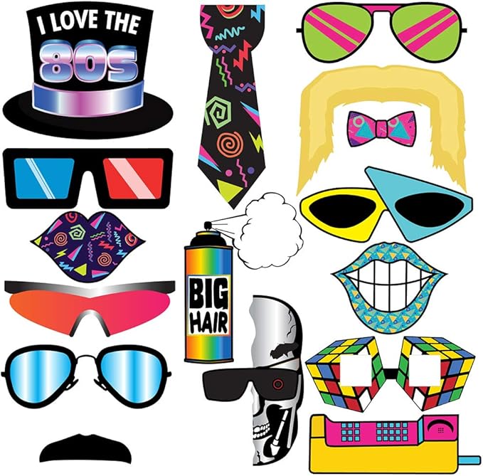 Retro 80's Photo Prop Set - 37 pcs - Funny 1980's Theme Party Decoration, Favors & Supplies