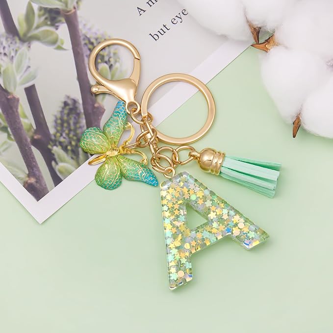 Fashion Alphabet Initial Letter Keychain Tassel Butterfly Pendant Key Ring for Purse Handbags Women Girl
