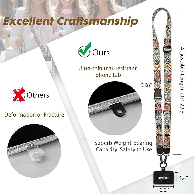 Phone Lanyard Crossbody, Boho Cell Phone Strap for Around The Neck Adjustable, Anti Theft Cute Lanyard for iPhone Case ID Holder Keys Accessories Travel Essential