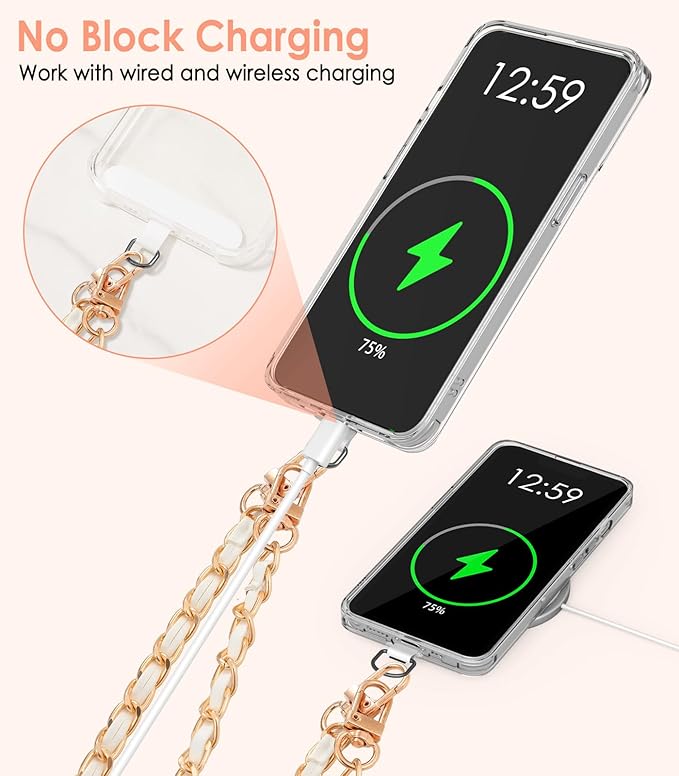 MoKo Universal Phone Lanyard, Metal Cell Phone Chain Crossbody Strap Anti-Theft Detachable Women Cellphone Lanyards Around The Neck with Patches for iPhone, Most Smartphones, White