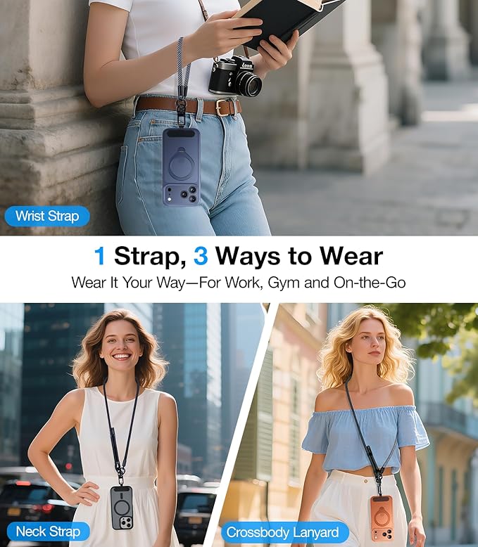 Phone Lanyard Crossbody, 3-in-1 Neck Strap& Wrist Strap, Adjustable Anti-Theft Lanyard with 2 Phone Tether Tabs, Universal Cell Phone Strap for iPhone 17 Pro Max,Travel Essential,Black