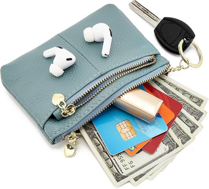 ZOOEASS Women Genuine Leather Zip Mini Coin Purse With Key Ring Triple Zipper Card Holder Wallet