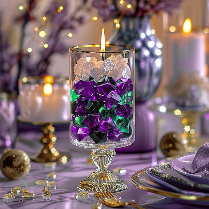 HappyFiller Home Decoration Fake Ice Rocks Crystal Cubes Stones for Vase Fillers,Party Decor, Crafts,Pirate Treasure Jewels Plastic Gemstone,Table Scatters,Mix Purple Green Black,14 OZ