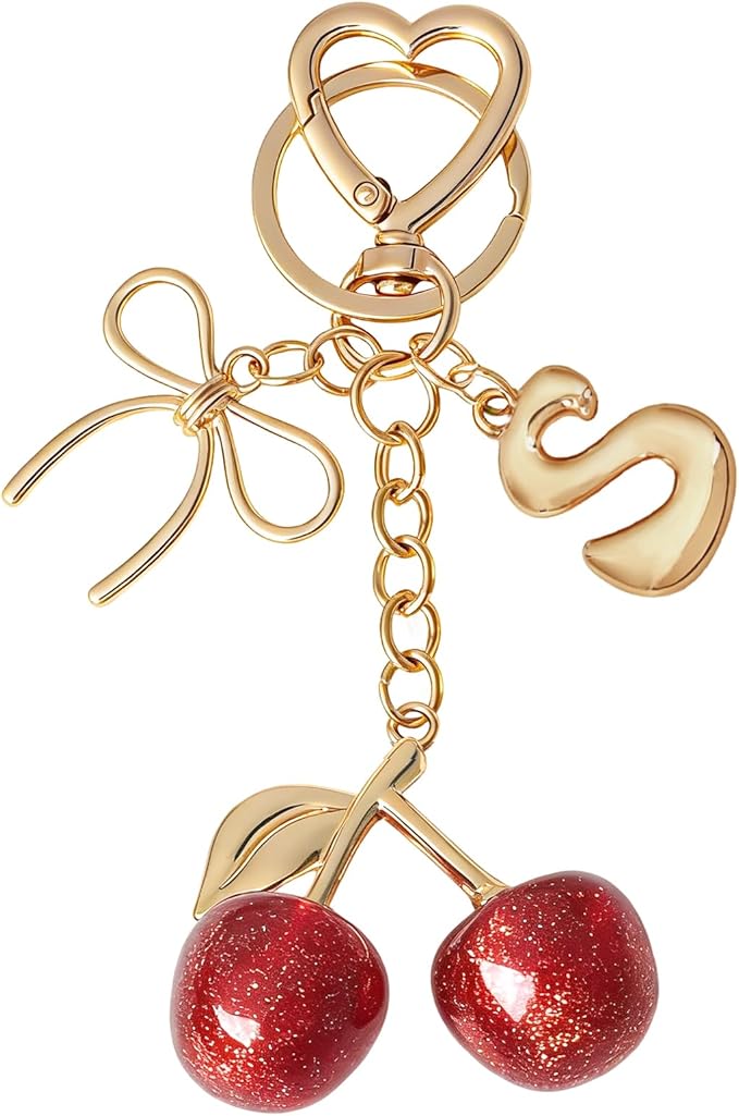 Snycler Bubble Initial Keychain with Cherry & Bow - Gold Letter Bag Charms for Women, Cute Purse Handbag Accessories