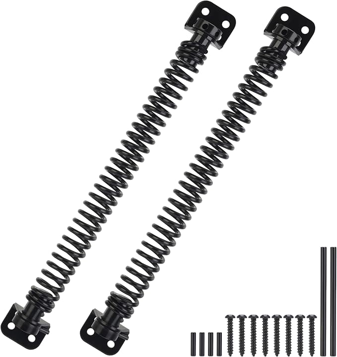 11-1/2" Gate Spring Self Closing, Heavy Duty Black Door Closer Spring, Adjustable Tensioner Automatic Outdoor Gate Closure, Gate Spring Hardware for Wooden and Vinyl Fence, 2 Pack
