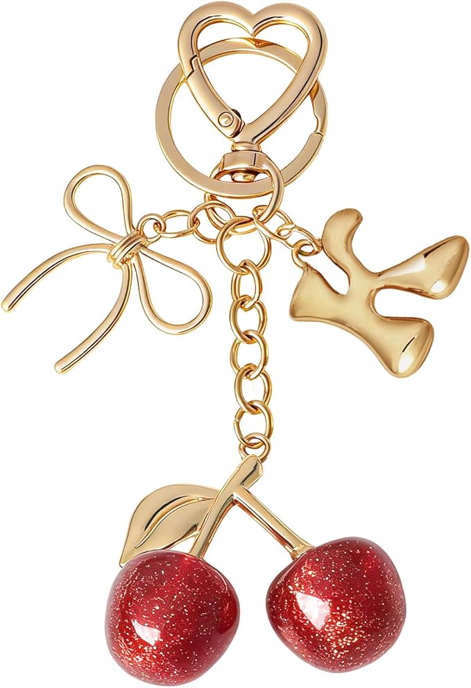 Snycler Bubble Initial Keychain with Cherry & Bow - Gold Letter Bag Charms for Women, Cute Purse Handbag Accessories