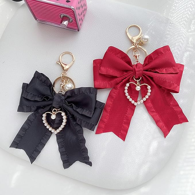 Ribbon Bowknot Bag Charms, Cute Pearl Heart Keyring Holder Purse Hanging Decorations Bag Handbag Pendant