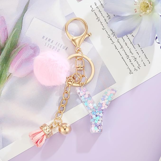 Resin Alphabet Initial Letter Keychain Keyring for Women Purse Handbags With Fur Ball Pom