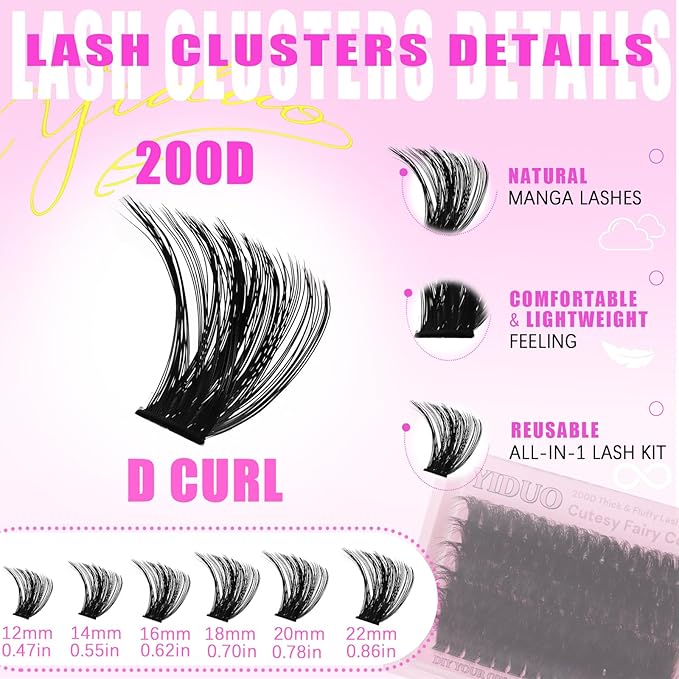 YIDUO Lashes Clusters Kit 200D Volume EyeLash Clusters 12-22MM D Curl Wispy Lashes Extensions Kit 180pcs Thick Individual False eyelashe Extension with Bond and Seal |Tweezers |Removers |Eyelash Brush