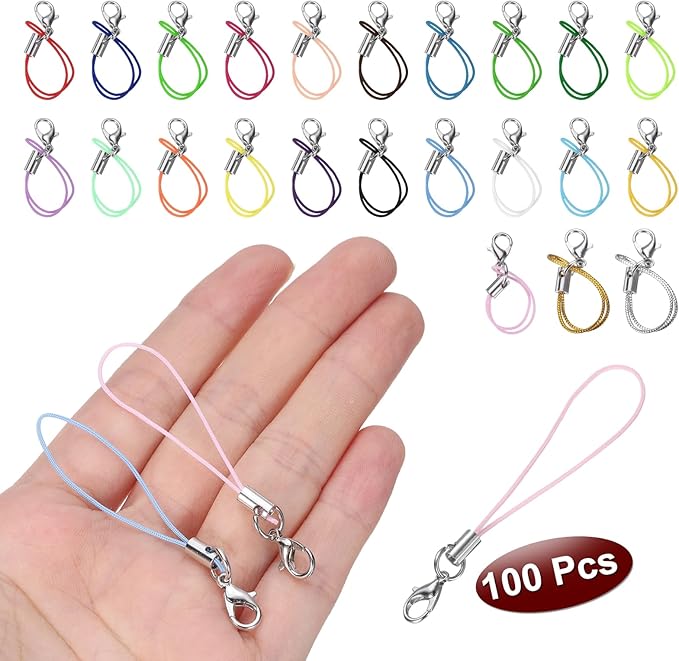 HARFINGTON 100Pcs Clasp Cords Clasp Strap Lanyard Charm Short Finger Rope with Lobster Clasp for Cellphone Cases Keychain DIY Jewelry Making, Pink