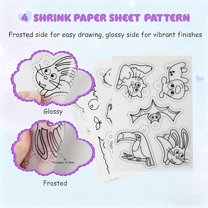 58PCS Shrink Dink Sheets Keychain Kit, with 4PCS 7.9"x5.7" Pre-Printed Animal Shrink Papers, 54PCS Keychain Accessories & Tools for Kids & Adults DlY Crafts, Great Thanksgiving & Christmas Ornaments
