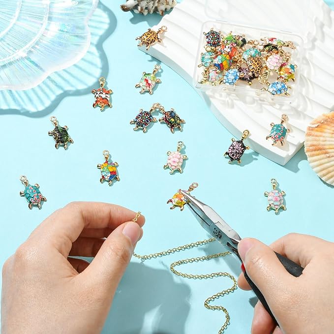 Stiesy 30 Pcs 15 Styles Alloy Enamel Tortoise Charms Pendants Colorful Sea Animal Turtle Dangle Charms Pendant for DIY Jewelry Making Necklace Bracelet Earring keychain Crafts