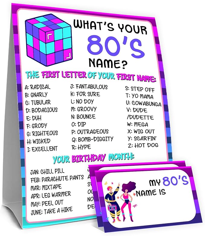 80s Theme Party Decorations, 80'S Theme Birthday Party Sign Decoration for Boys Girls, Kids Activity Cards, What's Your 80'S Name, Activity Decoration Supplies