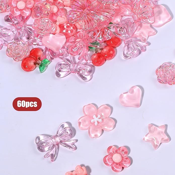 Pink Junk Case Charms Kit, 60 Pcs Cute Acrylic 3D Resin Charms with Cute Bow Y2K Aesthetic Bow Charm Girly Coquette DIY Craft Accessories Big Flatback Resin Decoden Charm for Crafts Jewelry Making