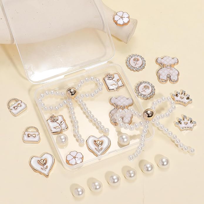 24Pcs Bling Pearl Bow Shoe Charms for Clog Sandals Women, Bear, Flower, Pearl Accessories, DIY Shoe Decoration Charms for Girls