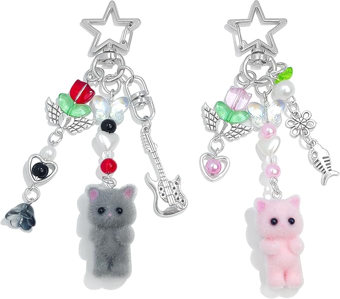 Cute Pink Keychain,Fuzzy Cat Keychain Aesthetic Y2K KeychainStylish KeychainsAccessories