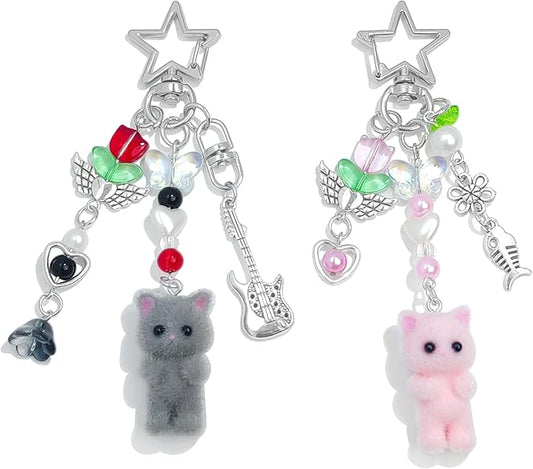 Cute Pink Keychain,Fuzzy Cat Keychain Aesthetic Y2K KeychainStylish KeychainsAccessories