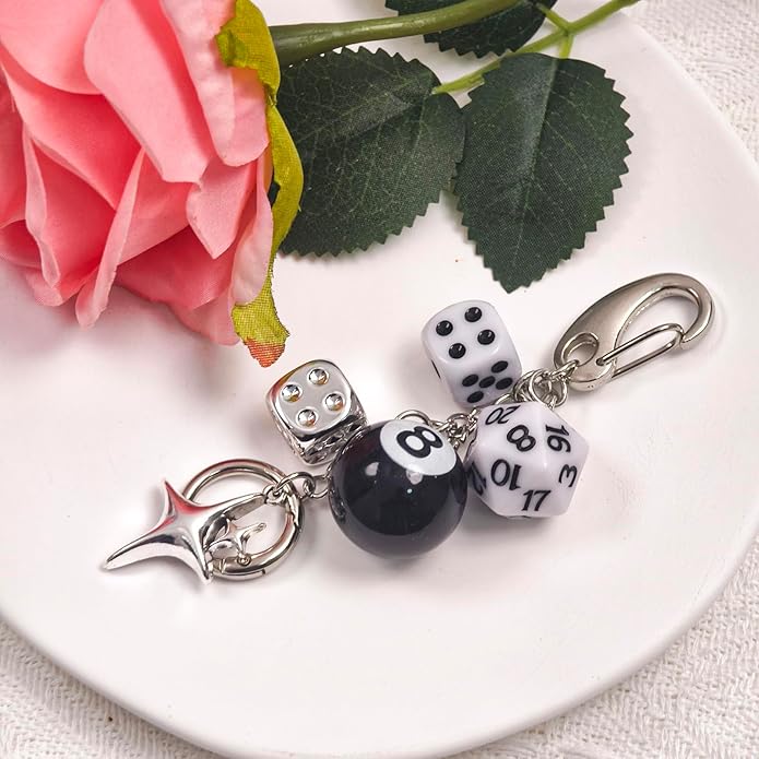 Y2K Keychain for Women, 8 Ball Dice Charm with Carabiner Clip - Cute Goth Core Keychain Bag Charm for Keys Bags Jeans