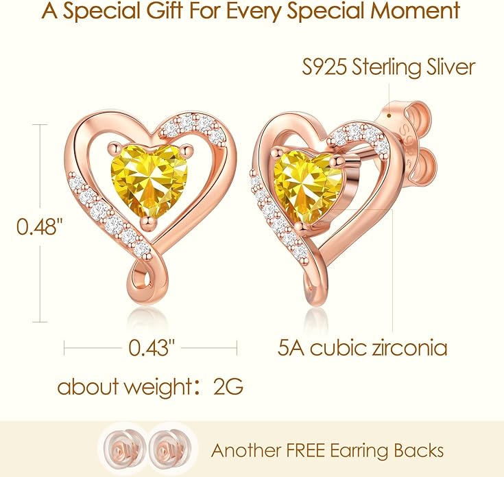 Zifeel Earrings for Women, S925 Sterling Silver Rose Gold Birthstone Heart Studs Earring for Girlfriend Wife, Anniversary Birthday Christmas Valentines Mothers Day Gifts Jewelry for Women Wife Her Mom
