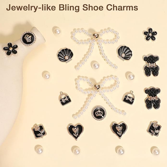 24Pcs Bling Pearl Bow Shoe Charms for Clog Sandals Women, Bear, Flower, Pearl Accessories, DIY Shoe Decoration Charms for Girls