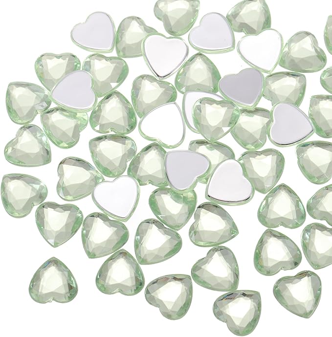 MECCANIXITY 40 Pcs Acrylic Heart Rhinestone 12mm Flat Back Plastic Gems Jewelry Stickers for Craft Bead Face Painting Costume Jewelry Making, Light Green
