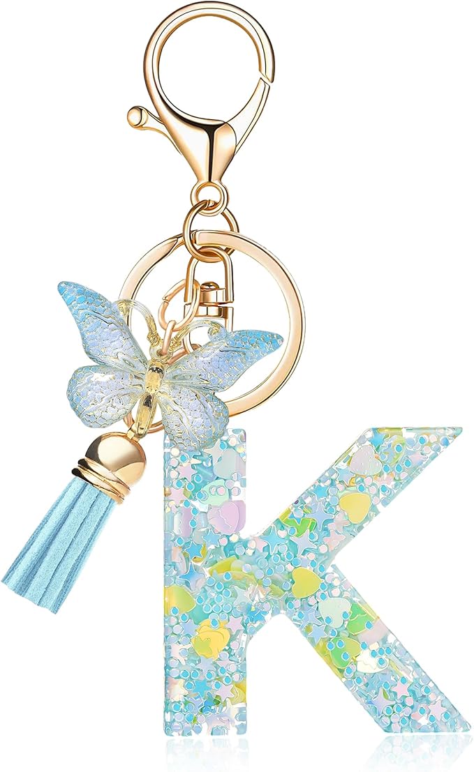 Fashion Alphabet Initial Letter Keychain Tassel Butterfly Pendant Key Ring for Purse Handbags Women Girl