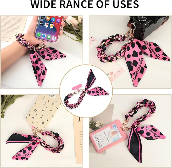Fycyko Phone Wrist Strap with Gold Metal Scarf and Universal Tether Tab, Aesthetic Print Design Ribbon Chain, Multi-Purpose Accessories for Bag Key Cellphone for Men Women Girls-Hot Pink Leopard