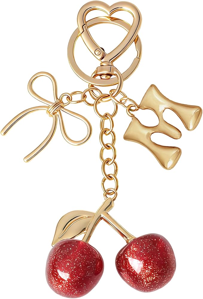 Snycler Bubble Initial Keychain with Cherry & Bow - Gold Letter Bag Charms for Women, Cute Purse Handbag Accessories