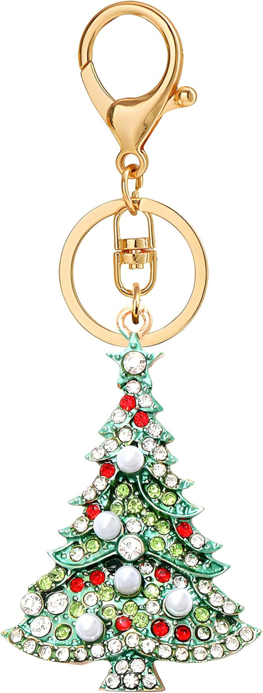 Dreuyet Christmas Keychain Rhinestone Crystal Christmas Tree Santa Purse Bag Handbags Charms for Women Lady Friends