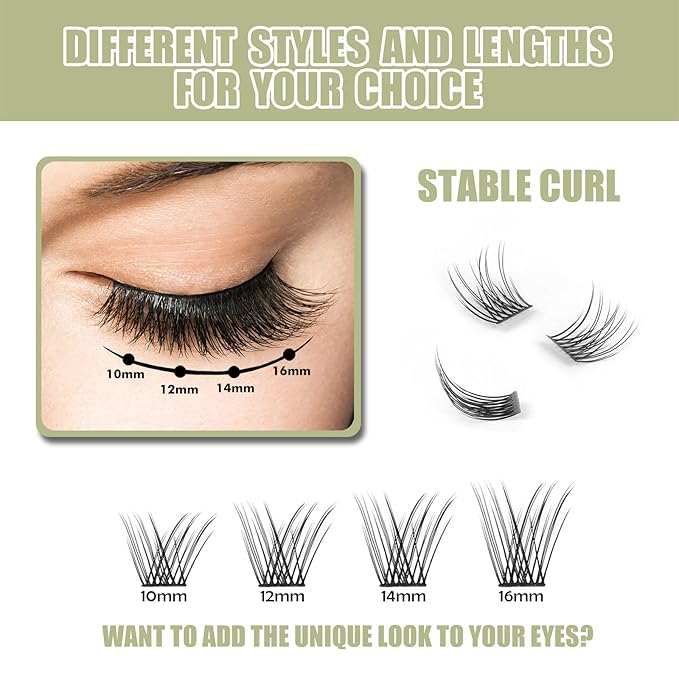 DIY Eyelash Extension, 3D Effect Glue Bonded Band Individual Lash 48 Clusters Volume Lashes Set, Home Eyelash Extension, C curl Lashes Pack 14MM-Natural-48 Clusters