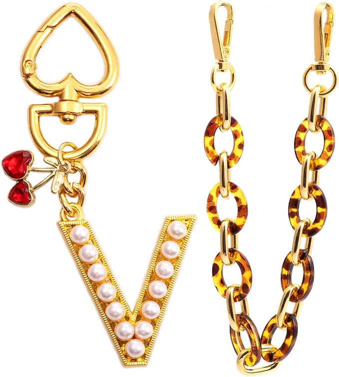 Pearl Initial Keychain with Leopard Bag Charms Wallet Chain Women Cute Alphabet Keychains Charm for Purse Handbag