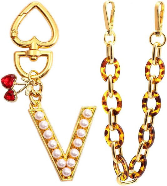 Pearl Initial Keychain with Leopard Bag Charms Wallet Chain Women Cute Alphabet Keychains Charm for Purse Handbag