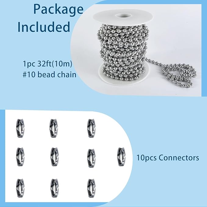 32ft 304 Stainless Steel #10 Beaded Ball Chain with 10pcs Connectors, 4.5mm Replacement Bead Chain Cord for Dog Tag, Necklace Chain, Plumbing Applications