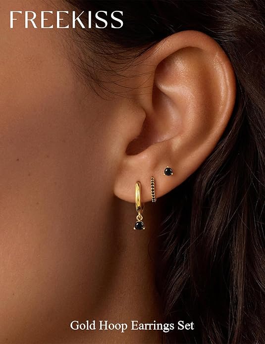Freekiss 3 Pairs Gold Hoop Earrings Set: Dainty Stud Earrings Trendy Small 14K Gold Plated Hypoallergenic Dangle Cartilage Huggie Hoop Earrings for Women Gold Jewelry for Women Gifts
