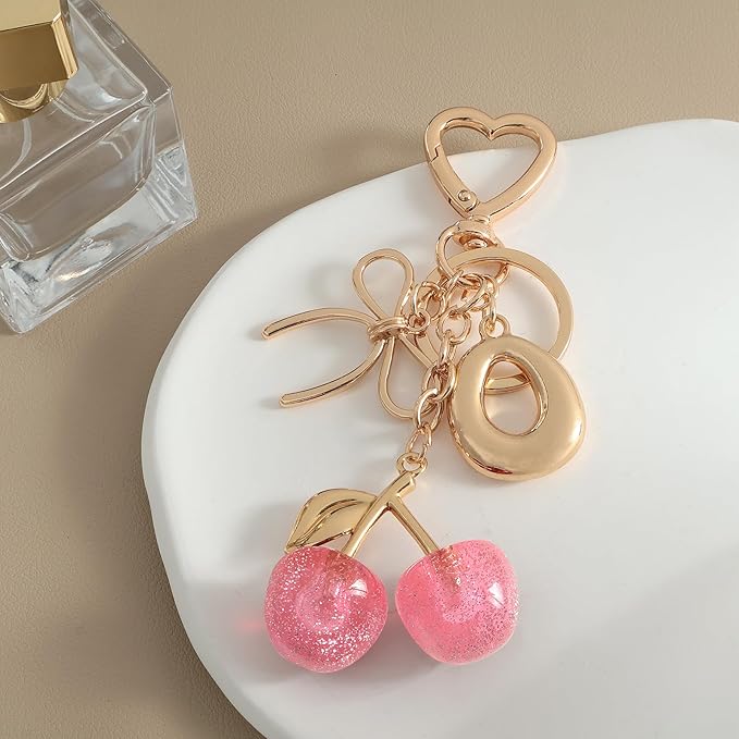 Snycler Bubble Initial Keychain with Cherry & Bow - Gold Letter Bag Charms for Women, Cute Purse Handbag Accessories