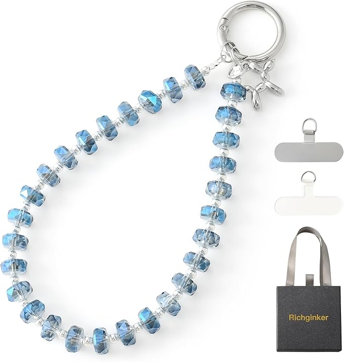 Crystal Phone Wrist Strap Phone Charm Chain Keychain Beaded Cellphone Lanyard with Tether Tab Hands-Free Wristlet Bracelet Wrist Grip Strap for Women, W-Blue