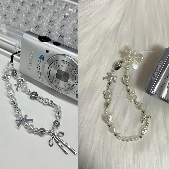2 Pcs Phone Charm Strap Hand Universal for iPhone Wrist Strap Camera Lanyard Pearl Beaded Cute Chain String Accessories Universal for iPhone 17 Pro Max Samsung Women Girls Phones Bag Keychain